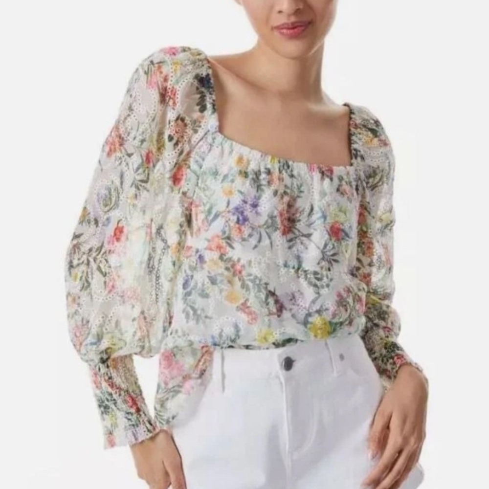 Alice + Olivia Willa Floral Eyelet Square Neck Puff Sleeve Top Small